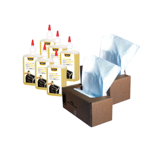 Fellowes Shredder Maintenance Bundle - Waste Bags 25 Gallon, 2 Boxes (50 Bags Per Box) with Shredder Oil, 6 Bottles, 12 Oz. Each