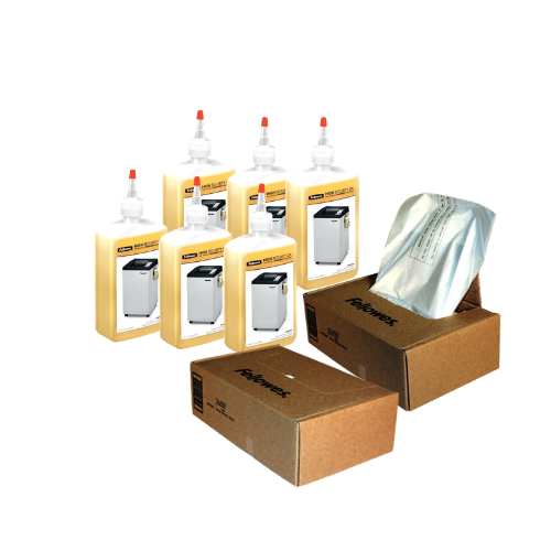 Fellowes Shredder Maintenance Bundle - Waste Bags 38 Gallon, 2 Boxes (50 Bags Per Box) with Fellowes High Security Shredder Oil, 6 Bottles, 12 Oz. Each