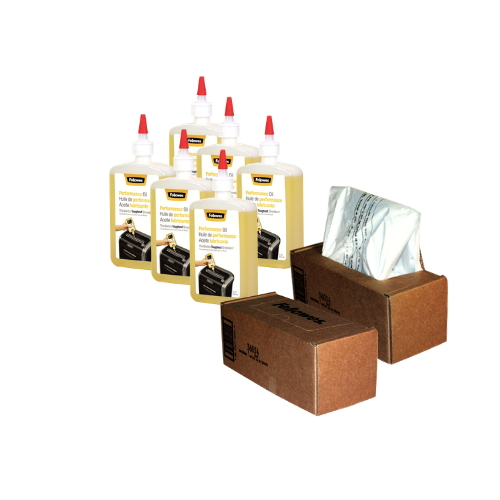 Fellowes Shredder Maintenance Bundle - Waste Bags 20 Gallon, 2 Boxes (50 Bags Per Box) with Shredder Oil, 6 Bottles, 12 Oz. Each