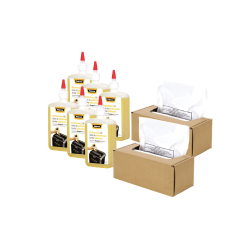 Fellowes Shredder Maintenance Bundle -  Waste Bags 20 Gallon, 2 Boxes (50 Bags Per Box) with Shredder Oil, 6 Bottles, 12 Oz. Each