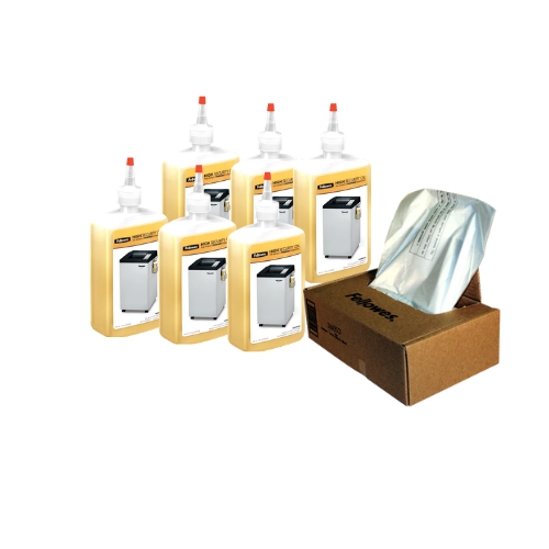 Fellowes Shredder Maintenance Bundle - Waste Bags 9 Gallon, 1 Box (100 Bags Per Box) with Fellowes High Security Shredder Oil, 6 Bottles, 12 Oz. Each