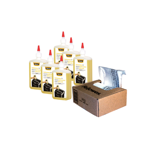 Fellowes Shredder Maintenance Bundle - Waste Bags 7 Gallon, 1 Box (100 Bags Per Box) with Shredder Oil, 6 Bottles, 12 Oz. Each