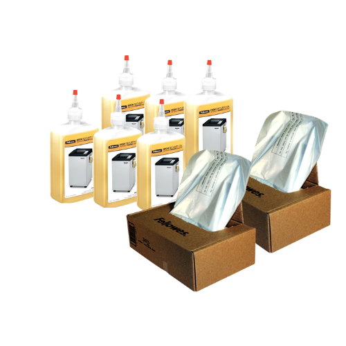 Fellowes Shredder Maintenance Bundle - Waste Bags 32 Gallon, 2 Boxes (50 Bags Per Box) with Fellowes High Security Shredder Oil, 6 Bottles, 12 Oz. Each