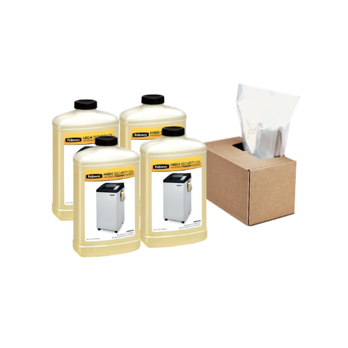 Fellowes Shredder Maintenance Bundle - Waste Bags 50 Gallon, 2 Boxes (50 Bags Per Box) with Fellowes High Security Shredder Oil, 4 Bottles, 32 Oz. Each